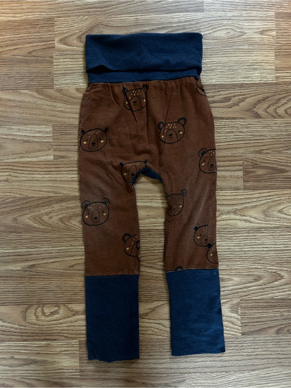 Handmade Brown Bear Print toddler Leggings with Navy Waistband and Cuffs